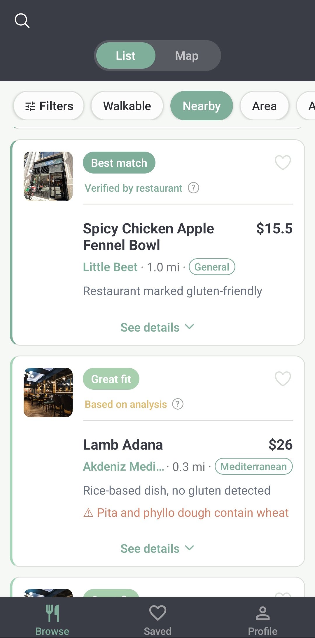 EatSavvy list view showing scored dishes