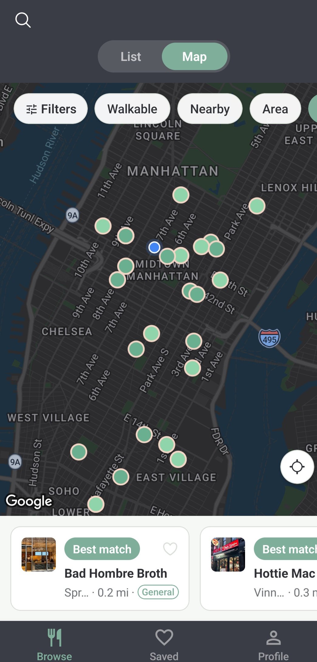 EatSavvy map view showing restaurants